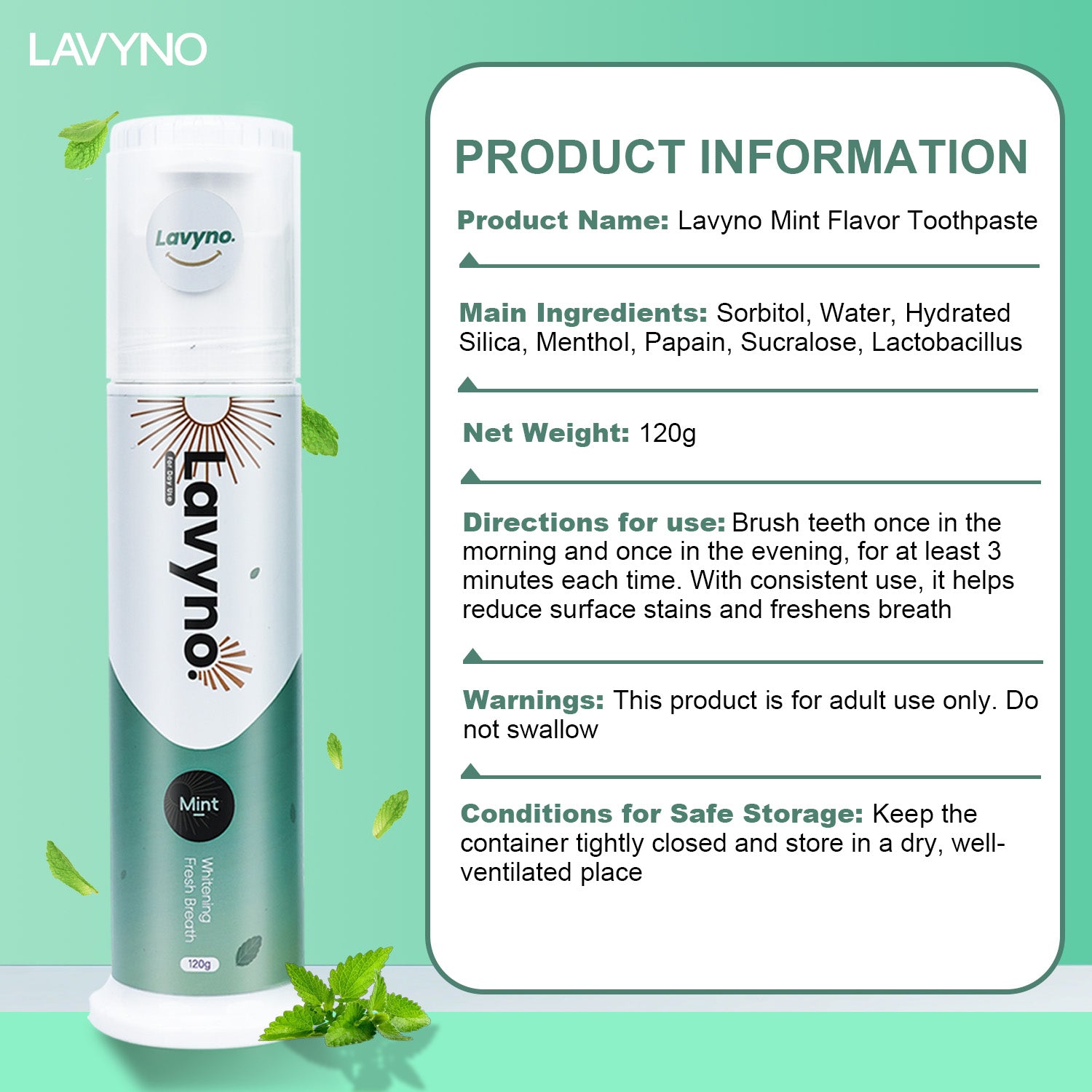 Lavyno Mint Toothpaste, Freshens Breath,Teeth Whitening, Anti plaque, Deep Cleansing, Oral Health – 120g Elegant Hard-Shell Cylindrical Tube (Moisture-Proof)
