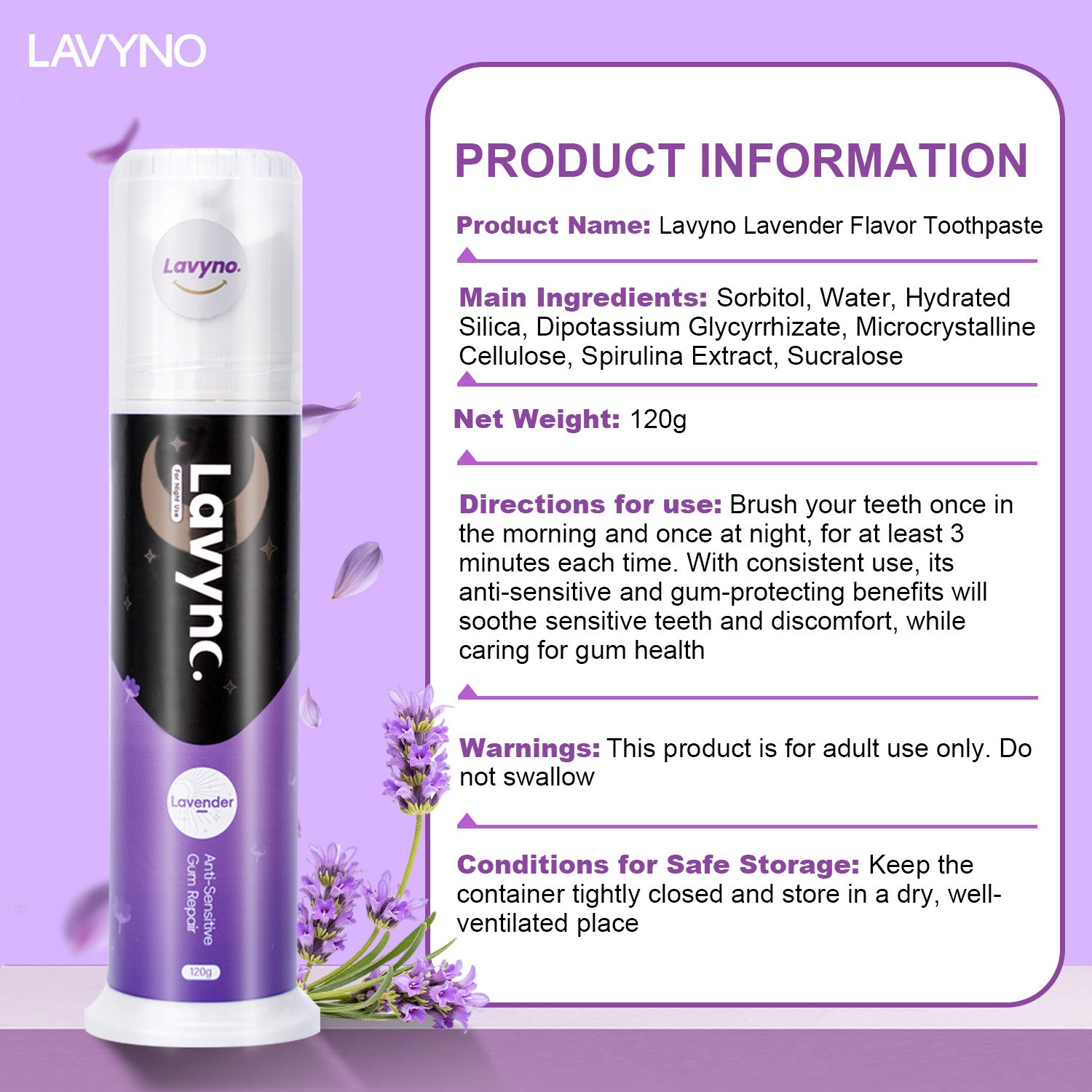 Lavyno Lavender Toothpaste, Relieves Sensitivity, Repairs Gums, Strengthens Enamel, Reduces Gum Inflammation, Free of Fluoride, Oral Health – 120g Elegant Hard-Shell Cylindrical Tube (Moisture-Proof)